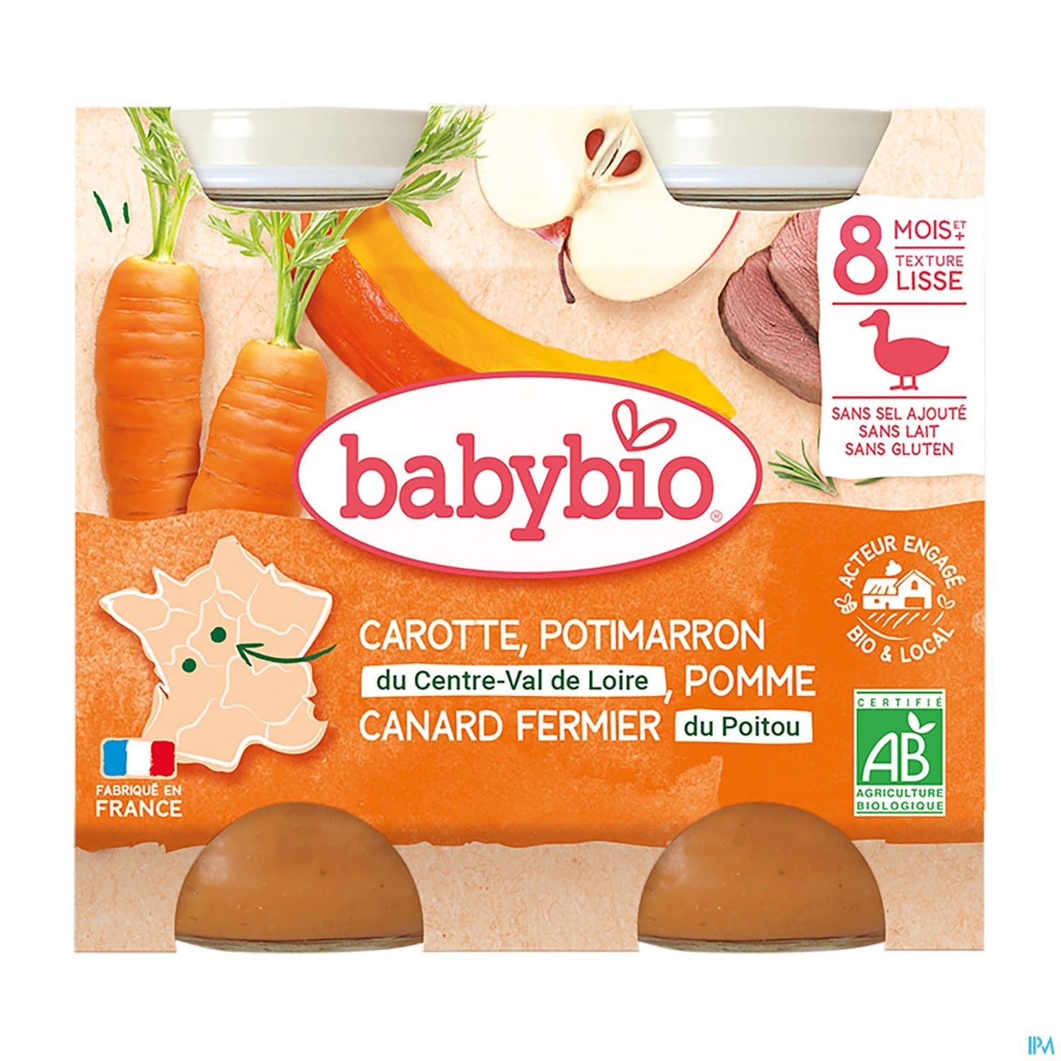 Babybio Carotte Potimarron Du Centre Val De Loire Pomme Canard Fermier Du Poitou 8m 200g X2 — Pharmacie Lafayette de Roubaix