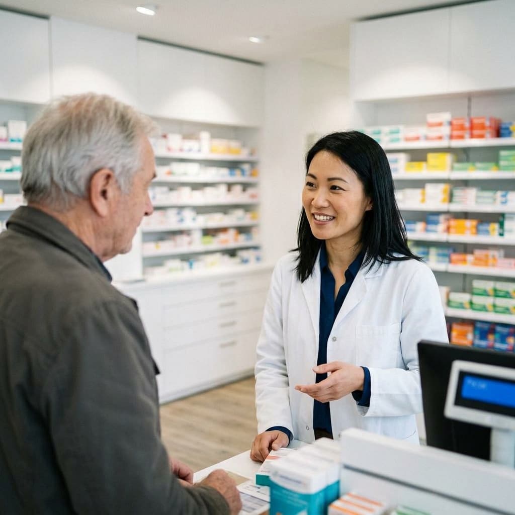 Une pharmacienne accueille un patient au comptoir.