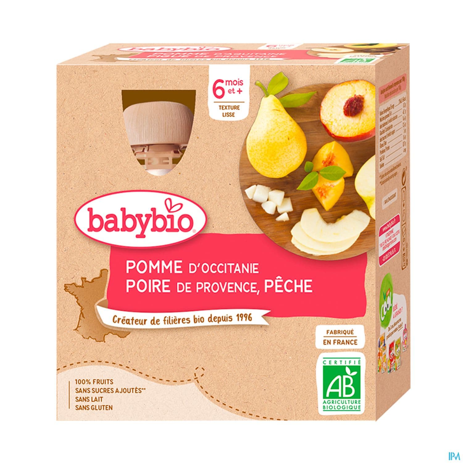 Babybio Pomme Poire Peche Gourde 6m 90g — Pharmacie Villenave Rocade
