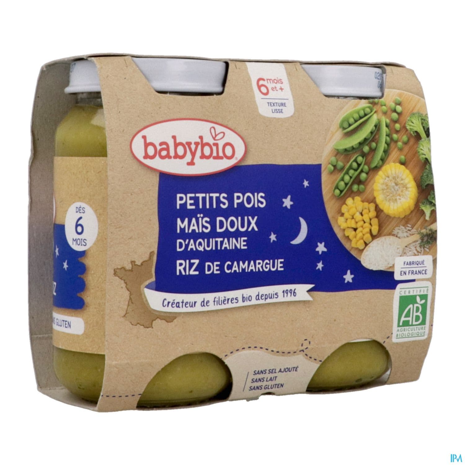 Babybio Bonne Nuit Petits Pois Mais Doux D'aquitaine Riz De Camargue 6m 200g X2