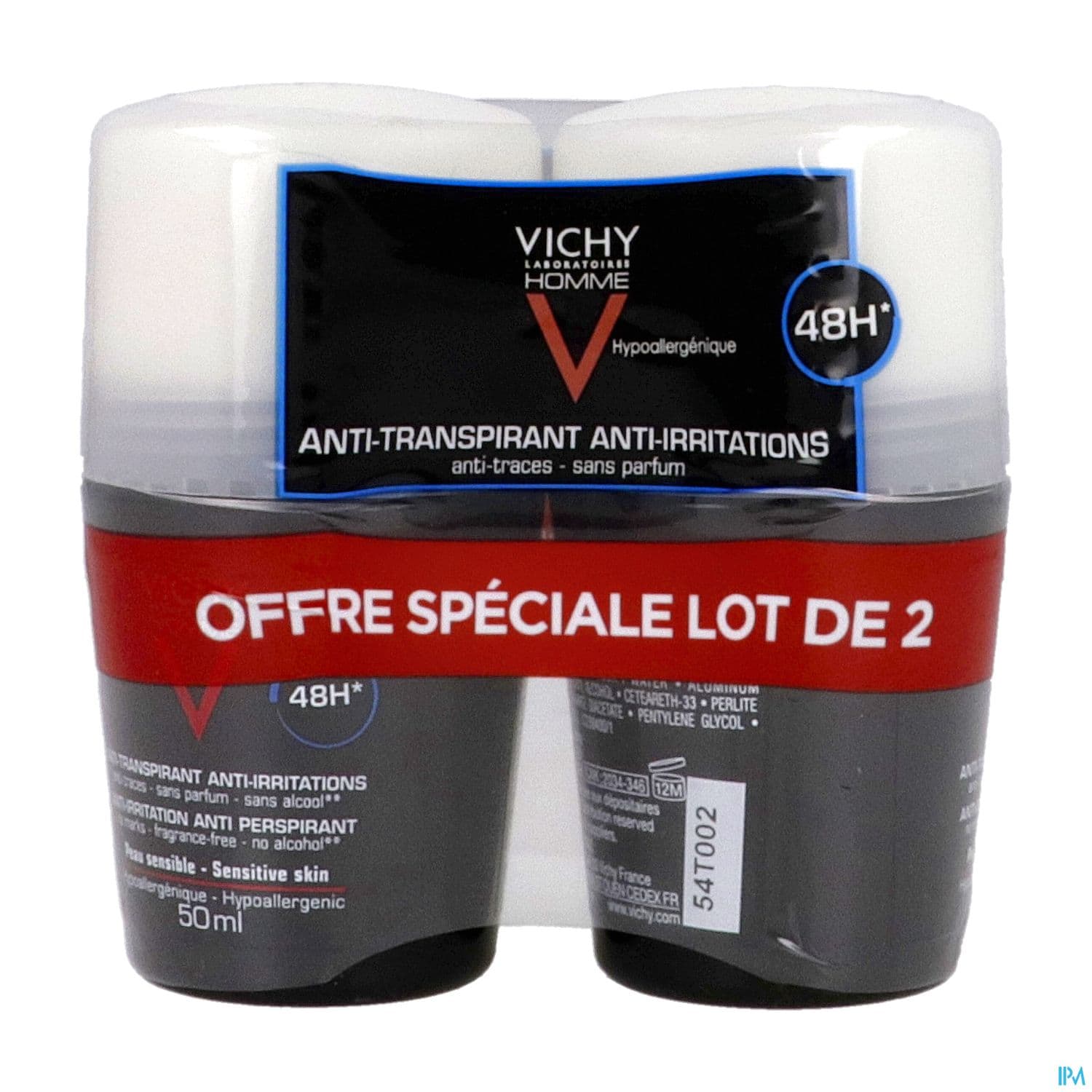 Vichy Homme Antitranspirant Bille Antiirritations 48h 50ml X2