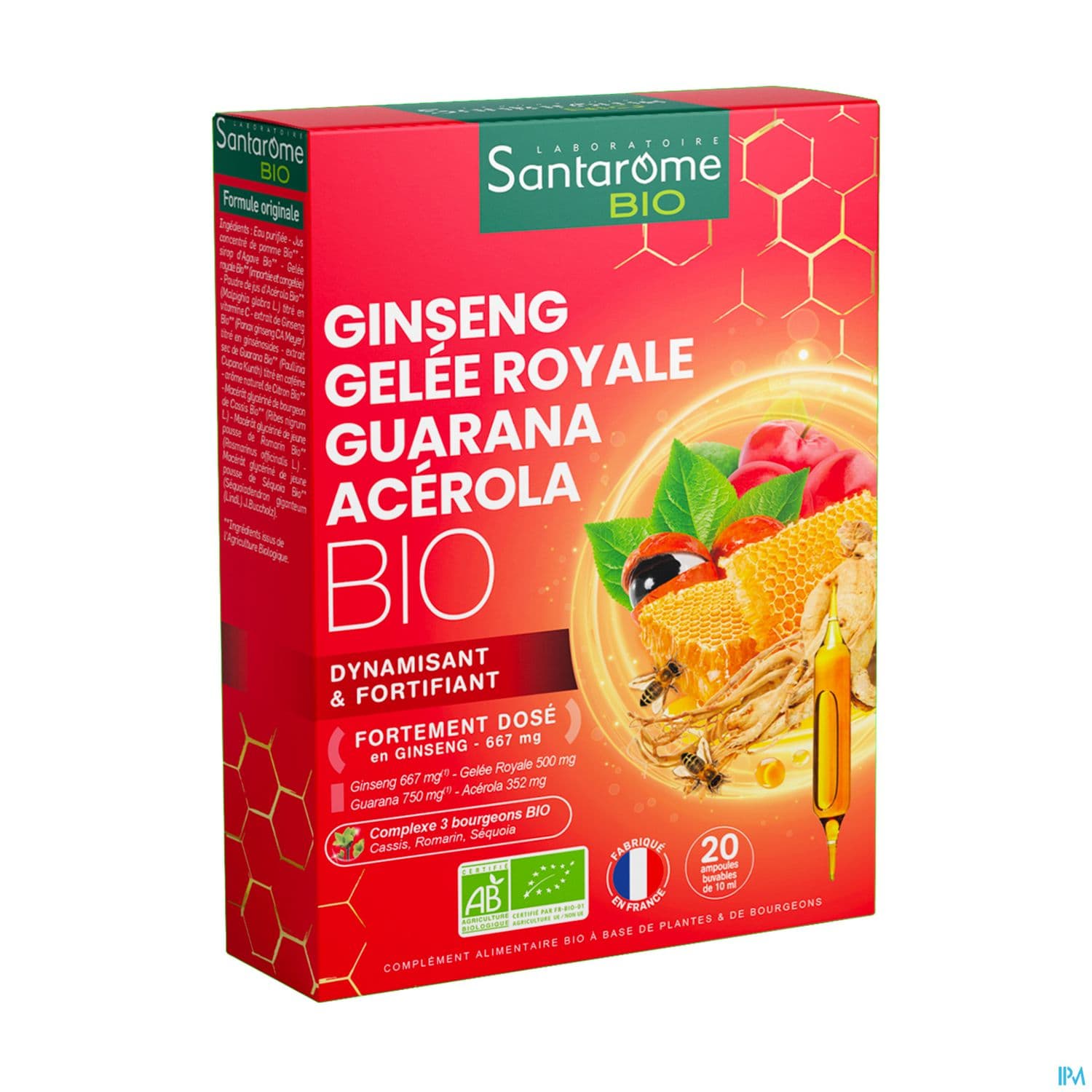 Santarome Bio Ginseng Gelee Royale Guarana Acerola Ampoule Buvable 10ml 20