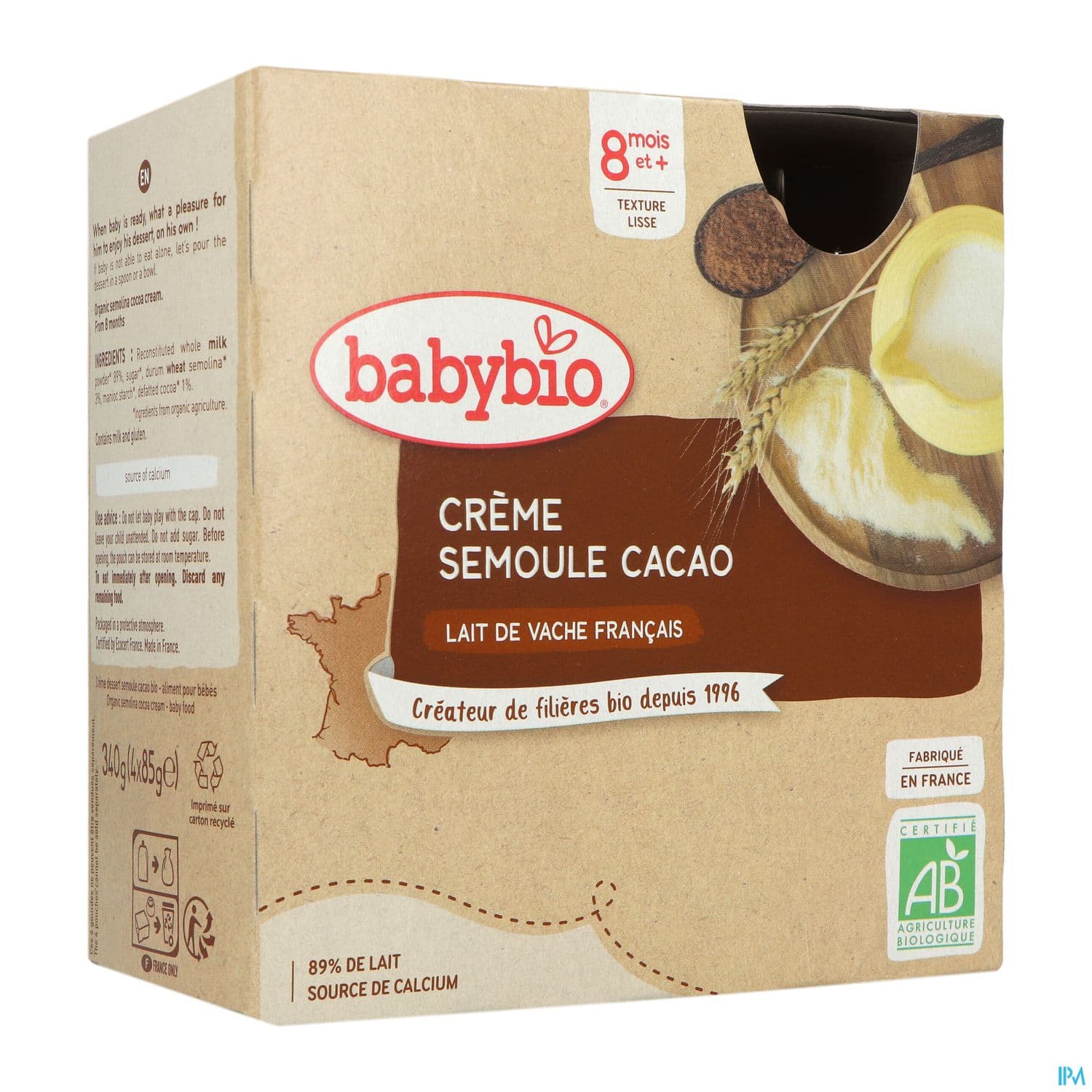 Babybio Creme Semoule Au Lait De Vache Francais Cacao 8m Gourde 85g X4