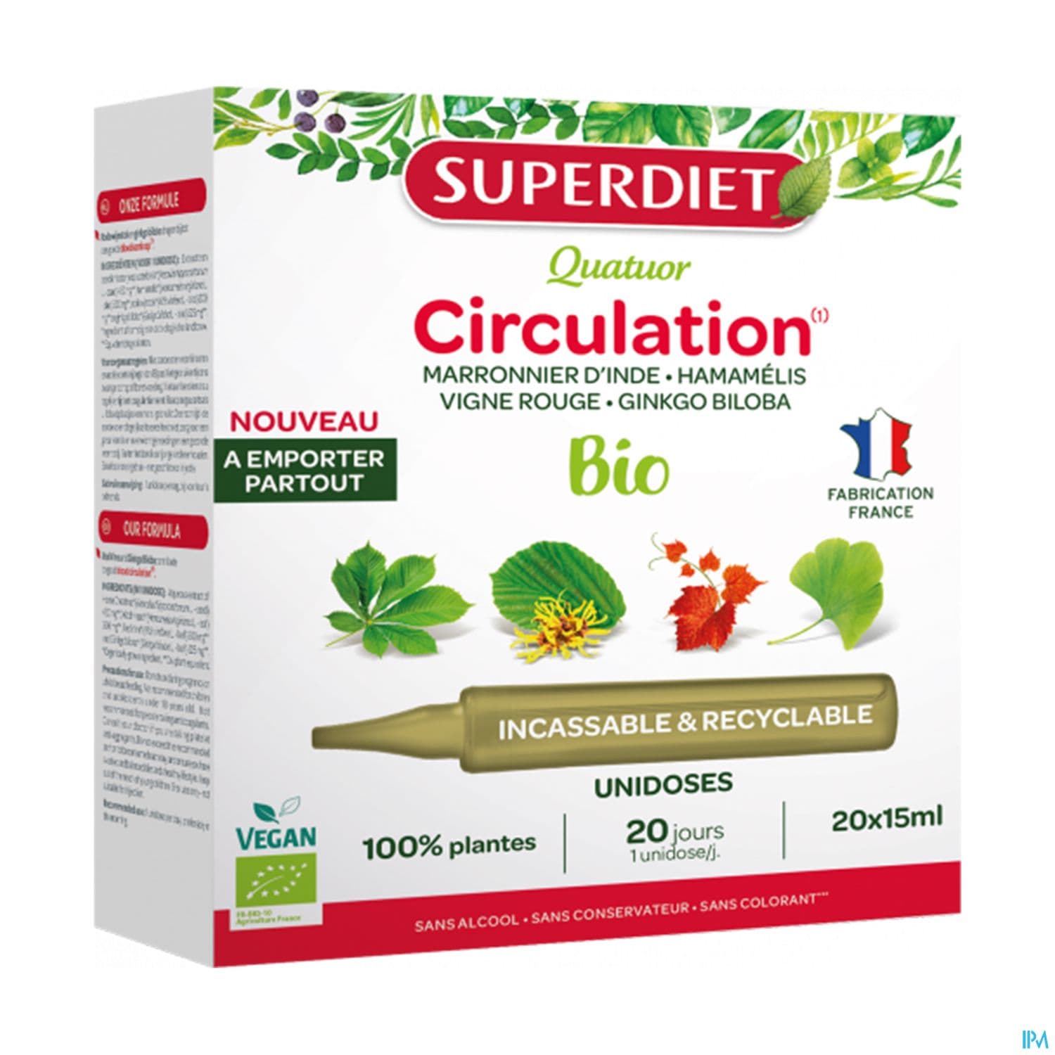 Superdiet Quatuor Circulation Bio Marronnier D'inde Hamamelis Vigne Rouge Ginkgo Unidose 15ml 20