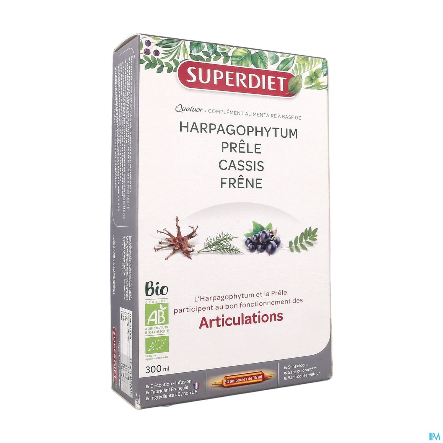 Superdiet Quatuor Articulations Bio Harpagophytum Prele Cassis Frene Ampoule Buvable 15ml 20