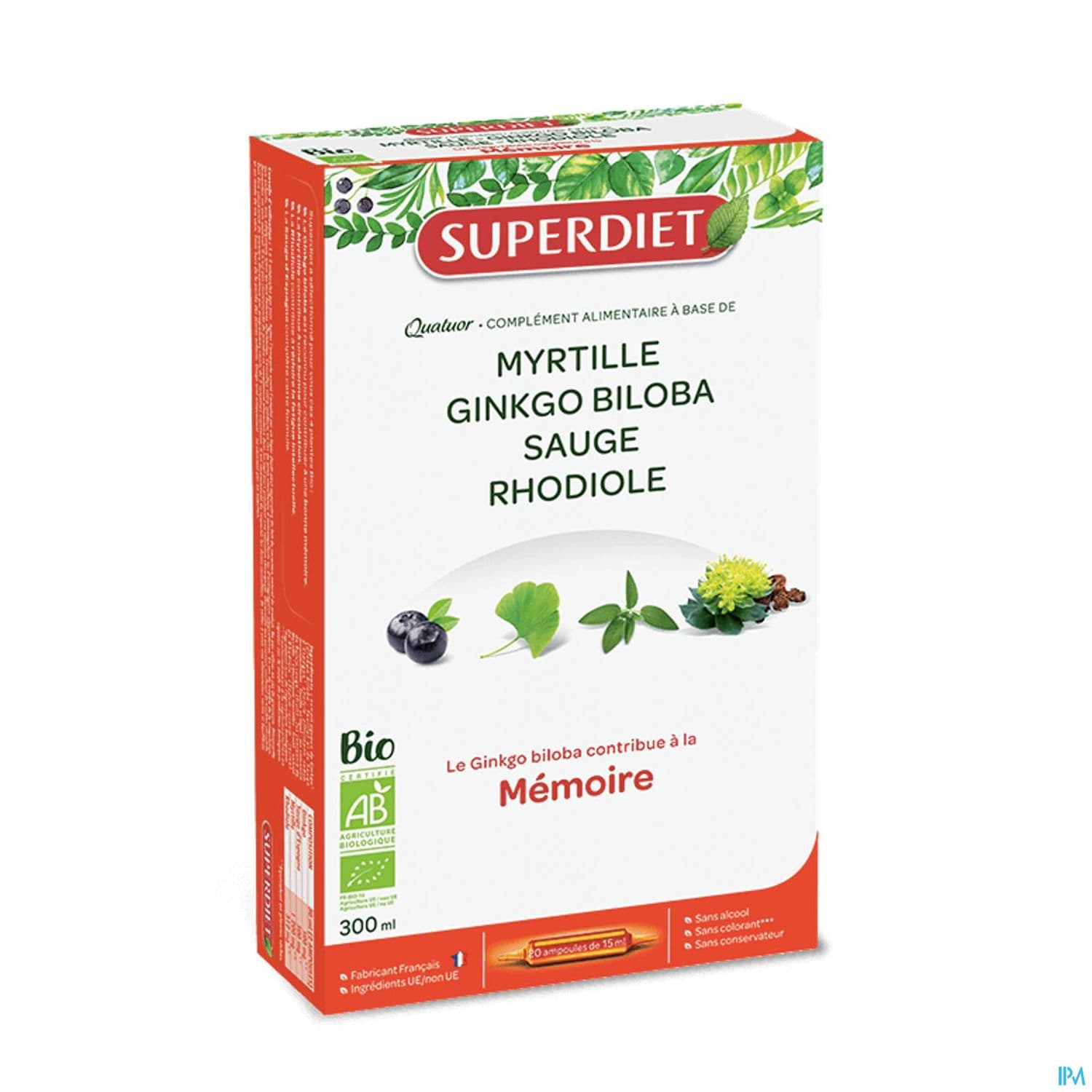 Superdiet Quatuor Memoire Bio Ginkgo Biloba Sauge Myrtille Rhodiola Ampoule Buvable 15ml 20 — Apothical Grande Pharmacie de Fleury