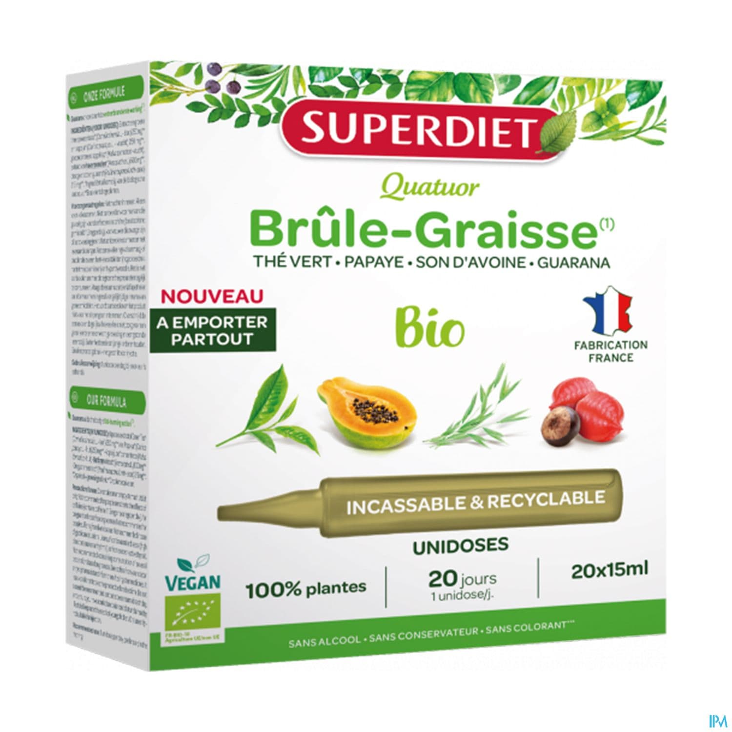 Superdiet Quatuor Brule Graisse Bio The Vert Papaye Son D'avoine Guarana Unidose 15ml 20