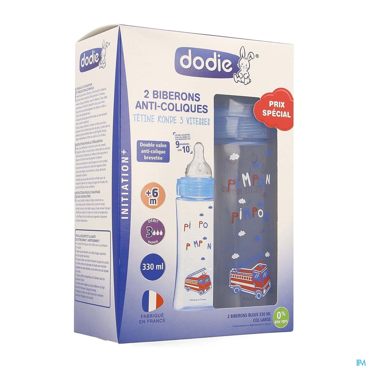 Dodie Initiation+ Biberon Anticolique Bleu Pompier +6mois 330ml X2