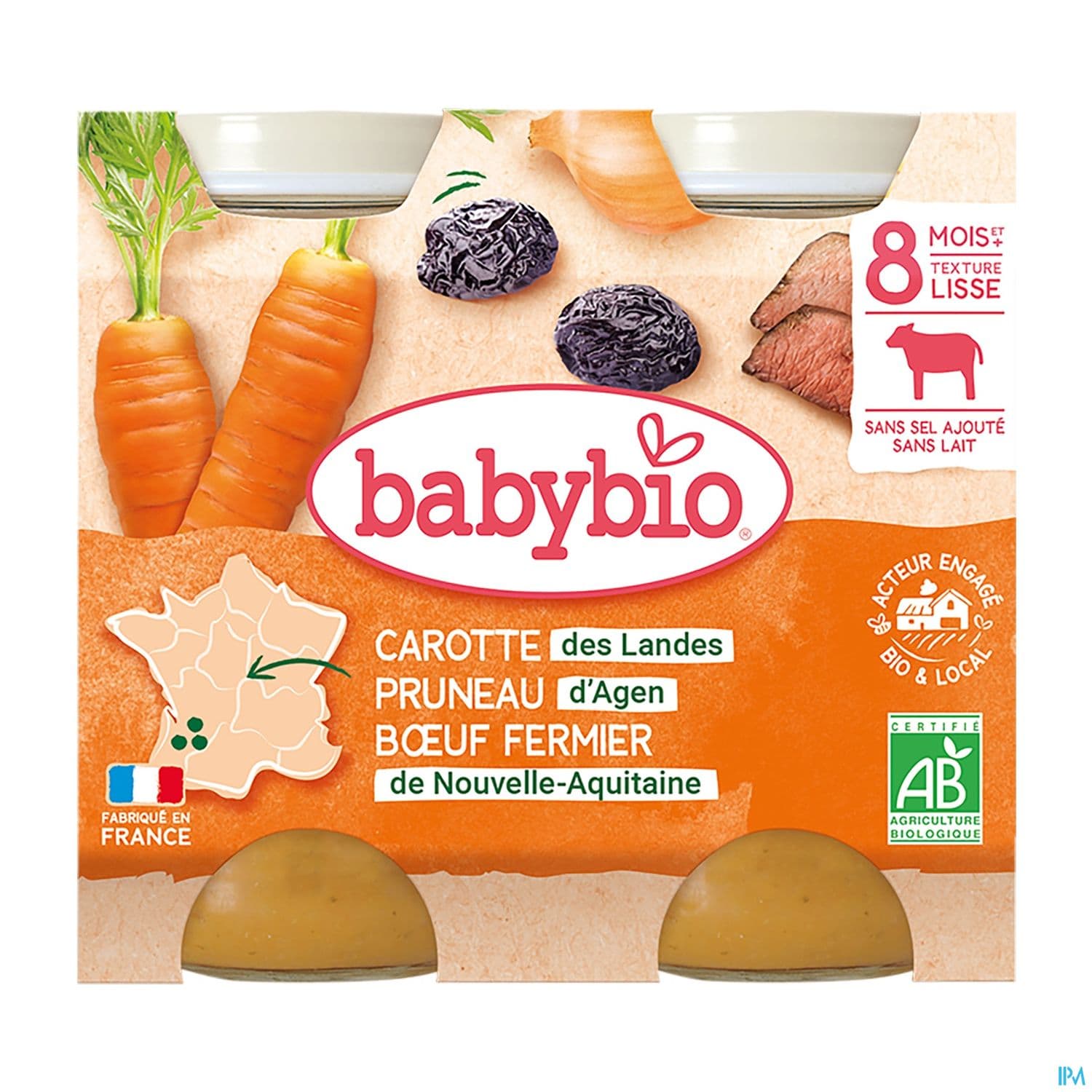 Babybio Carotte Pruneau D'agen Boeuf Fermier De Nouvelle Aquitaine 8m 200g X2
