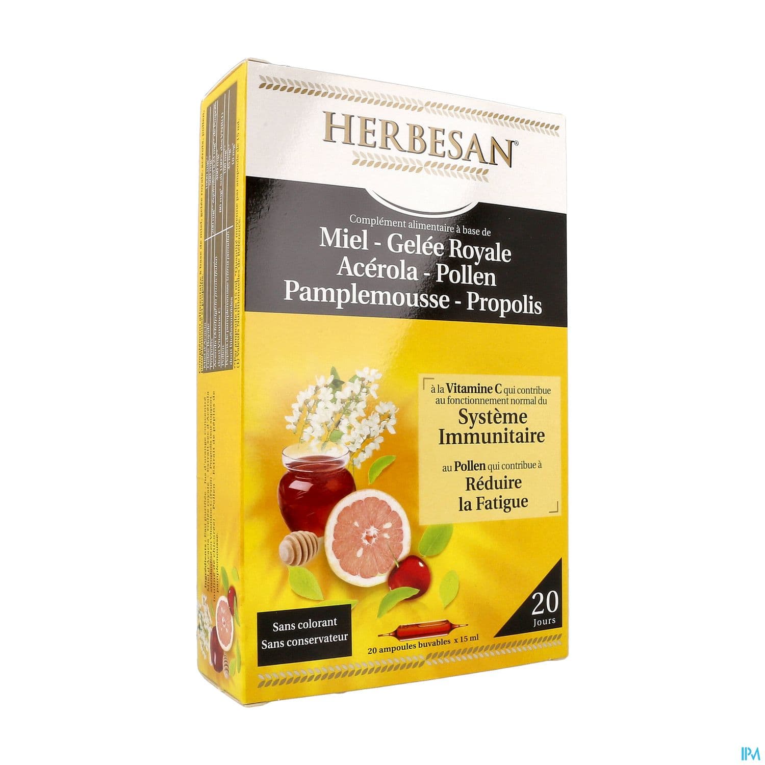 Herbesan Miel Gelee Royale Acerola Pollen Pamplemousse Propolis Ampoule Buvable 15ml 20