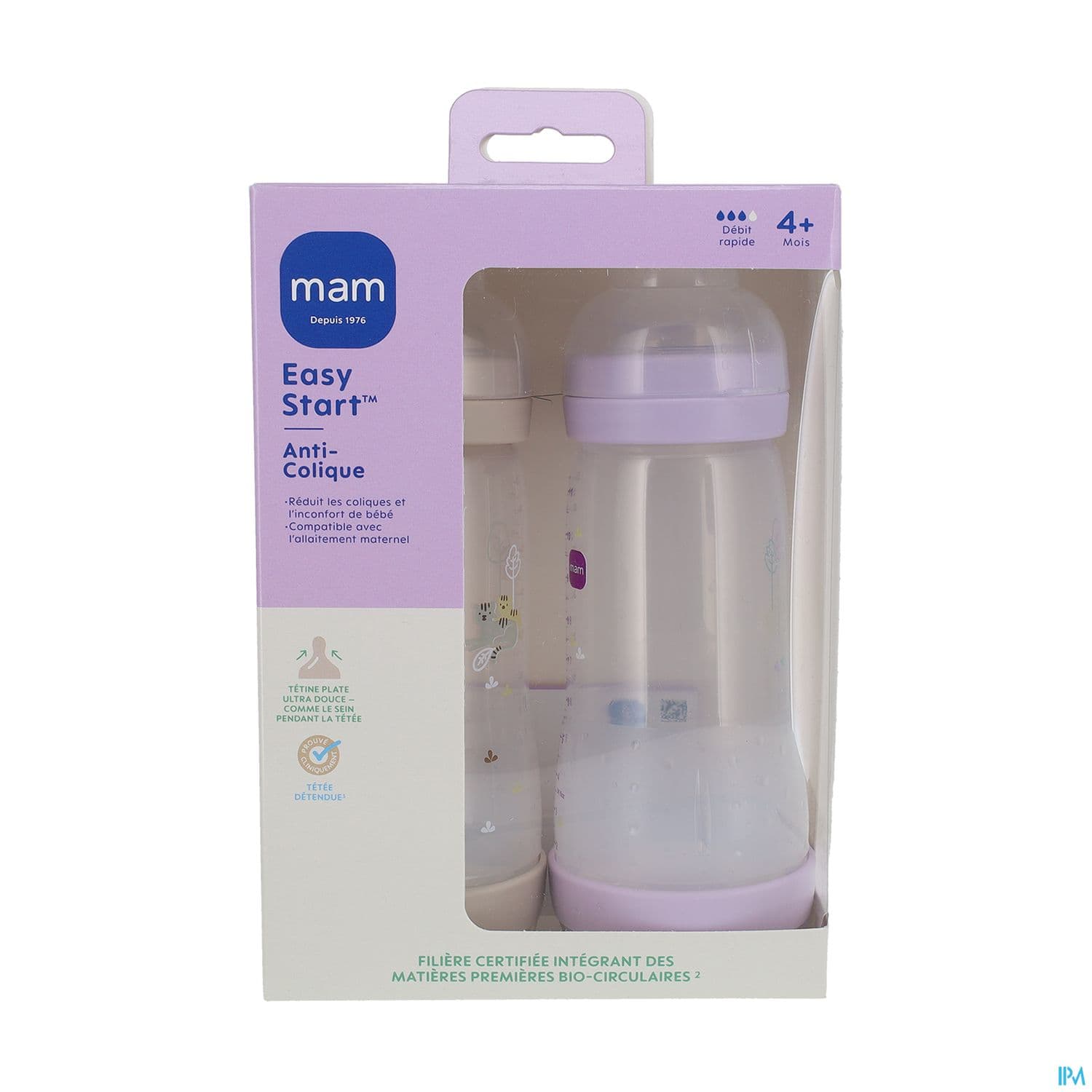 Mam Biberon Easy Start Anticolique 320ml Lilas + Sable Tetine Debit 3 X2 — Pharmacie Bellevue Limoges
