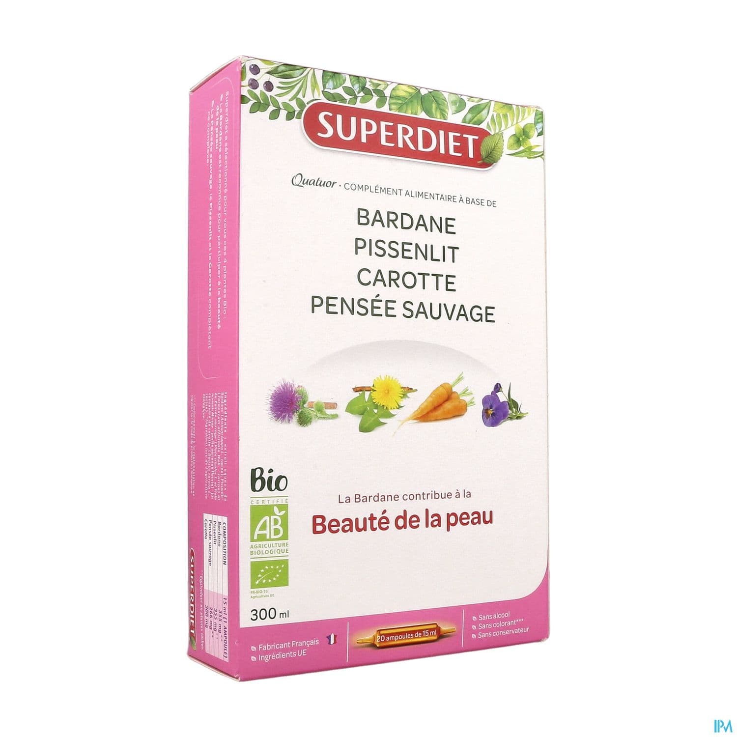 Superdiet Quatuor Beaute De La Peau Bio Bardane Pissenlit Carotte Ortie Ampoule Buvable 15ml 20