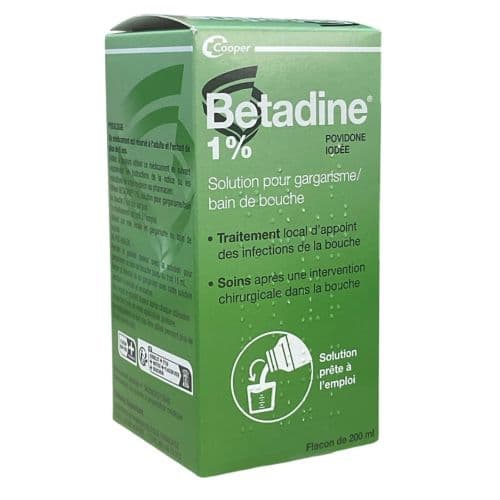 BETADINE 1 %. solution pour gargarisme bain de bouche. boite de 1 flacon (+ gobelet doseur) de 200 m — Pharmacie St Honoré - Amiens