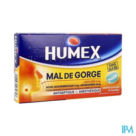 Humex Mal Gorge Lidocaine Menthe Glaciale Sans Sucre Pastille 24