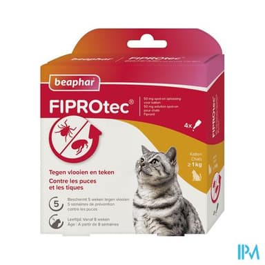Beaphar Fiprotec 50mg Solution Spot On Pour Chats >1kg Au Fipronil Puces Et Tiques Pipette 0ml5 X4