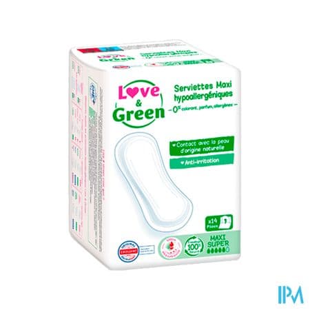 Love Green Serviettes Ecolabellisees Et Hypoallergeniques Maxi Super X14 Sans Ailettes — Pharmacie Apothical Carré Sénart