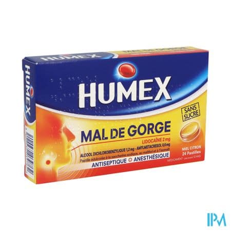 Humex Mal Gorge Lidocaine Miel Citron Sans Sucre Pastille 24